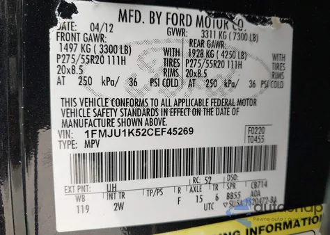 2012 Ford Expedition Limited from USA, damaged, VIN 1FMJU1K52CEF45269